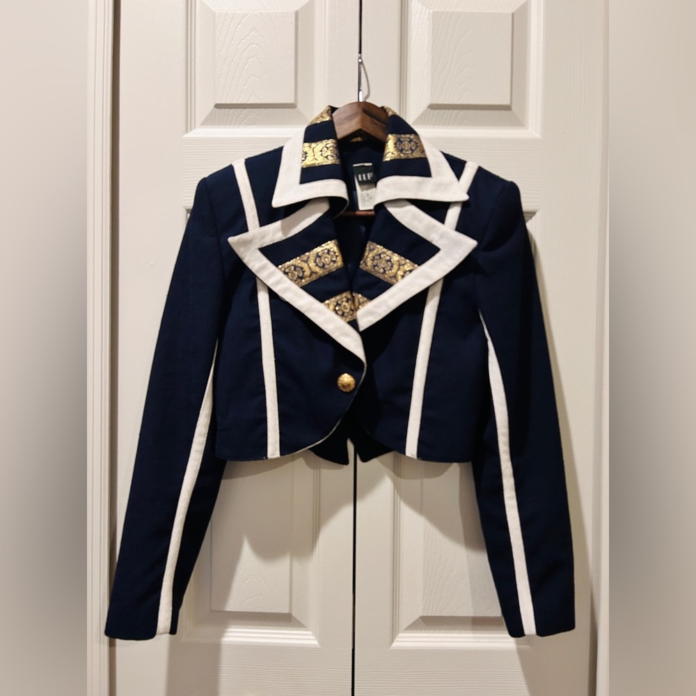 Cropped Military Brocade Jacket Navy Gold Statement Blazer Made in USA - Picture 4 of 12